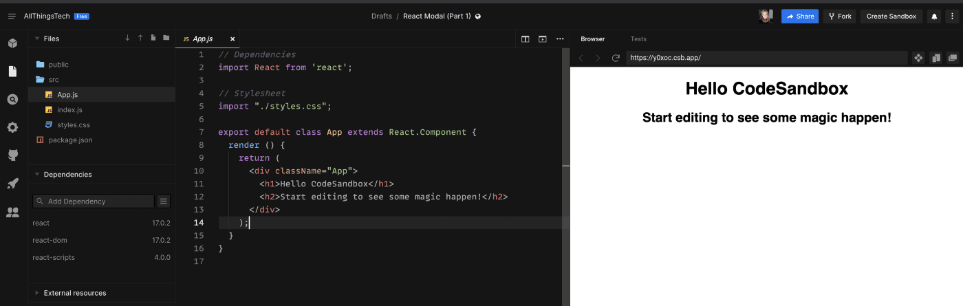 Bootstrapped React Project in sandbox