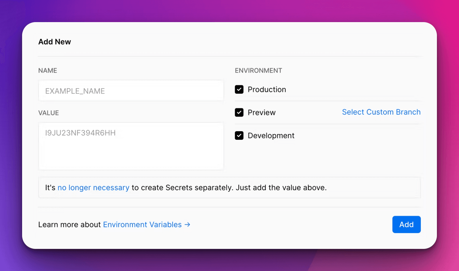 Adding environment variables in Vercel