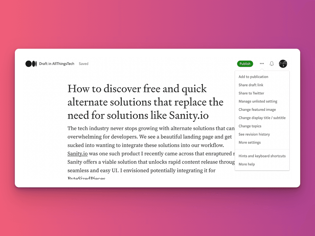 Share the draft link in the dropdown of the unpublished article on medium